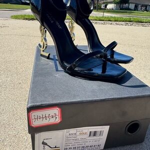 Saint Laurent Black Patent Leather Sandals with Gold YSL Heels